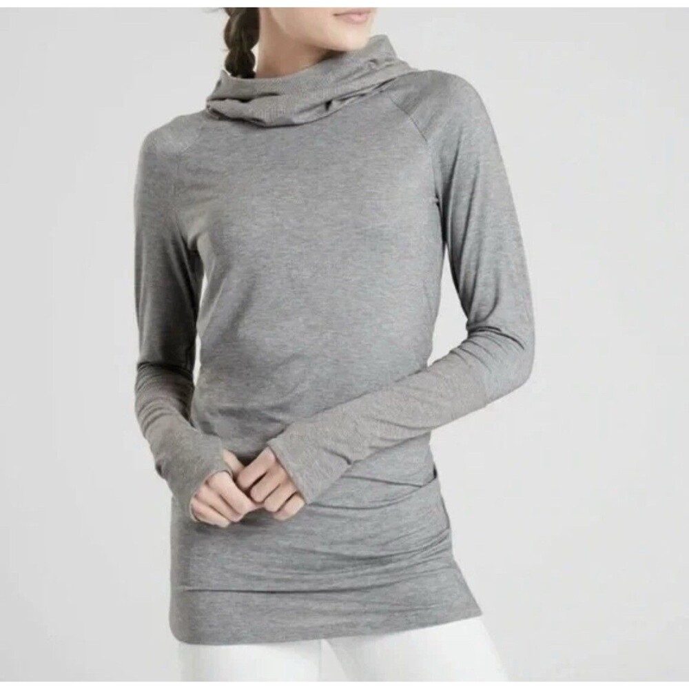 Athleta Hoodie Womens Gray Essence Hooded Tunic Pullover Knit Top SZ L